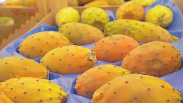 Espinosa pera en las cajas en el mercado de verduras — Vídeos de Stock