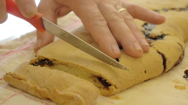 Cutting the tozzetto, typical Italian biscuits — Stock Video