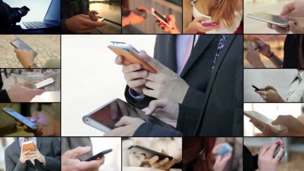 Composition of people hands using smartphone — Stock video