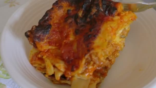 Umieszczenie lasagne porcje na płyt — Wideo stockowe