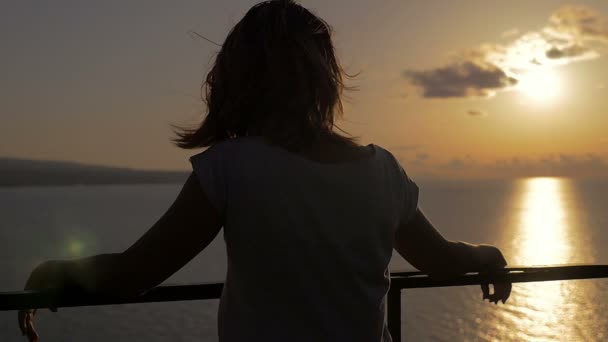 Doordachte vrouw terug tijdens het mediteren kijken naar de zee — Stockvideo