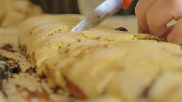 Vrouw handen zorgvuldig gesneden de zelfgemaakte apfelstrudel — Stockvideo