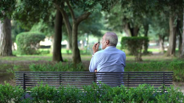 Homem aposentado sozinho em um banco de parque — Vídeo de Stock