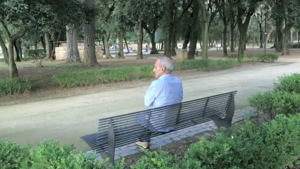 Старый пенсионер на скамейке, один в парке — стоковое видео