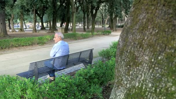 Старый пенсионер в одиночестве на скамейке в парке — стоковое видео