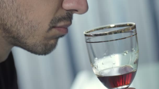 Profile of young tipsy man drinking a glass of red wine — Stock Video