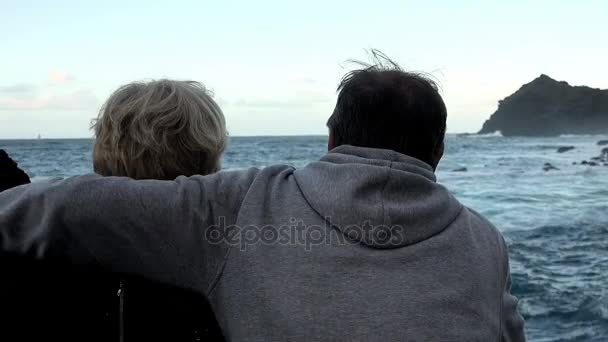 Couple sitting on the seashore — Stock Video