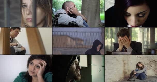 Multiscreen των ατόμων ανήσυχος, λυπημένος και ανησυχώ — Αρχείο Βίντεο