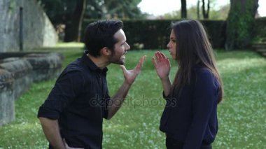 kızgın erkek kız arkadaşıyla parkta öfkeyle savunarak