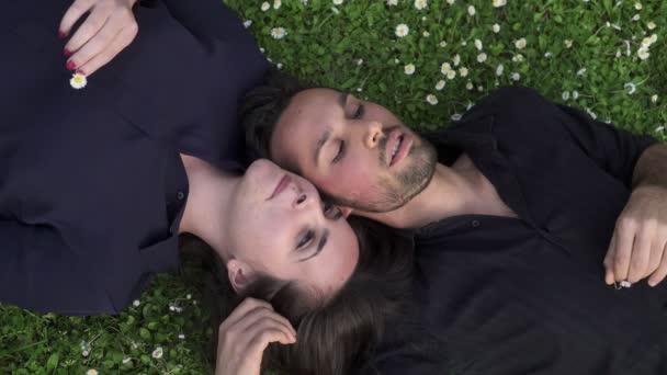 Dvojice milenců, ležící na trávě chatování přátelsky — Stock video