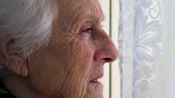 Profile of depressed old woman alone looking out the window — Stock Video