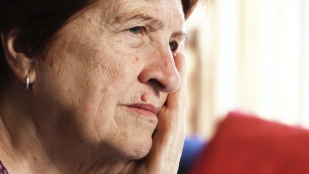 Pensive, sad old woman profile.Portrait of sad elederly woman — стоковое видео