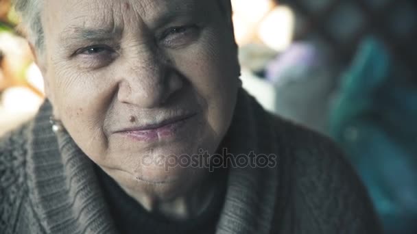 Retrato de una anciana tranquila y sonriente. Serena sonrisa de anciana — Vídeo de stock