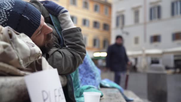 Close Homeless Sleeping Street Wakes Pedestrian Leaves Alms — Stok video