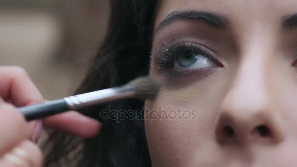 Make-up artiest die van toepassing zijn make-up op jonge vrouw gezicht, close-up — Stockvideo