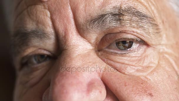Sad old man eyes portrait. Contemplative old caucasian woman — Stock Video