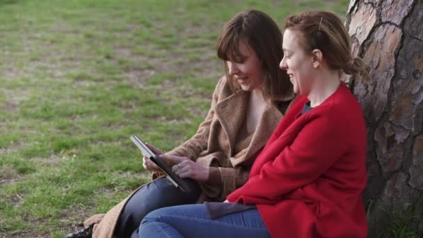 Zwei glückliche Freunde, die unter einem Baum sitzen, benutzen das Tablet — Stockvideo