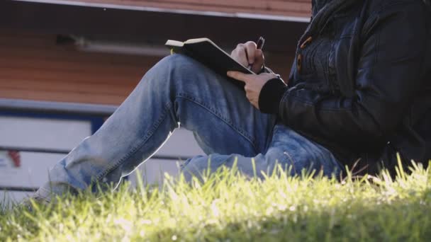 Man's hand sitting on a meadow writing a diary — Stock Video