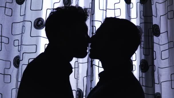 Gay love: Silhouette of two men kissing gently,indoor — Stock Video