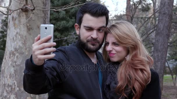 Agradable pareja haciendo divertido selfie en el parque, tiempo de invierno — Vídeos de Stock