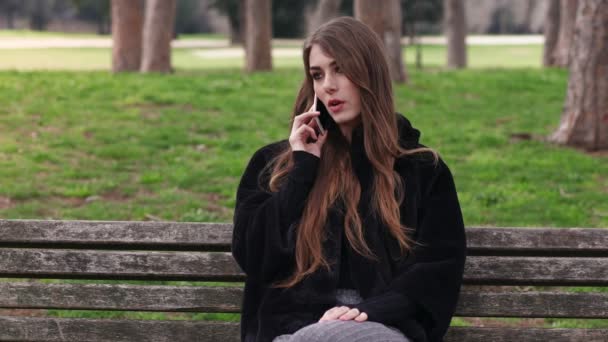 Portrait of Cute woman sitting on a bench chatting on the phone — Stock Video