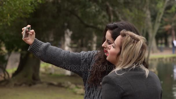 Två glada och leende flickvänner tar selfie på park — Stockvideo