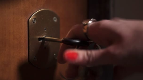 Close up on Woman's hand turns the key and opens the door — Stock Video