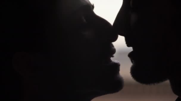 Κλείστε επάνω σε σιλουέτα των ανδρών στο το παράθυρο φιλιά — Αρχείο Βίντεο