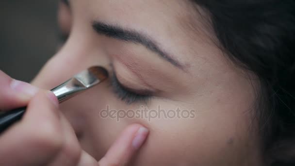 Yakın kadar üzerinde bir fırça göz farı göz ile uygulama sanatçının el makyaj — Stok video