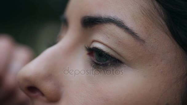 Makeup artist passerar borsten på framsidan av en ung kvinna — Stockvideo