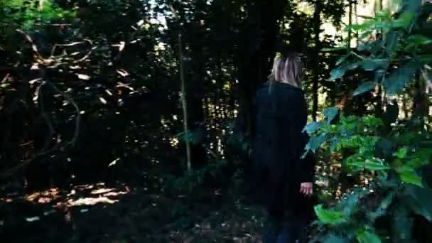 Solitaria rubia caminar en el bosque soleado — Vídeo de stock