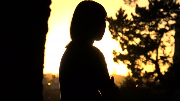 Jonge vrouw silhouet overweegt de zonsondergang over de stad — Stockvideo