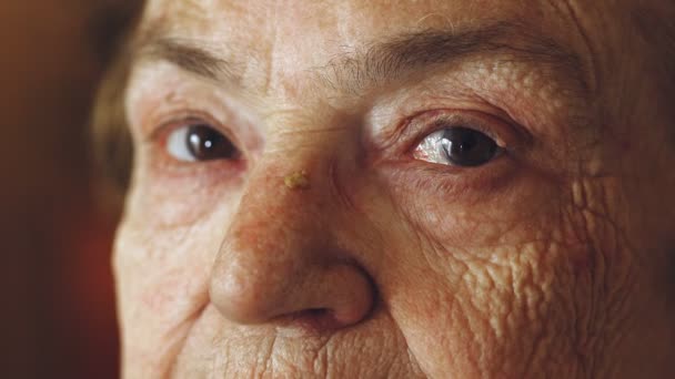 Nadenkend en ernstige oude vrouw op zoek naar de Camera: trieste oude vrouw portret — Stockvideo