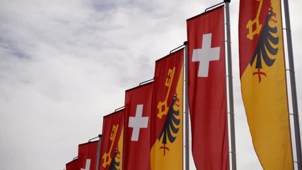 स्विस ध्वज और भालू झंडे जिनेवा, स्विट्जरलैंड में हवा में लहरते हुए — स्टॉक वीडियो