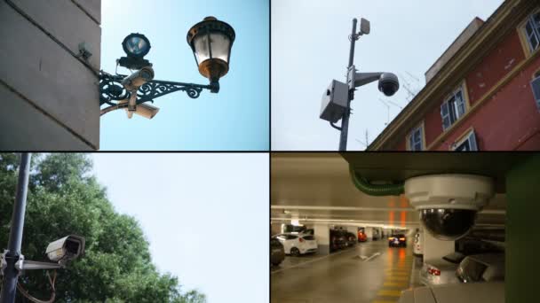 Veiligheid en controle in de steden: surveillance camera's composities — Stockvideo