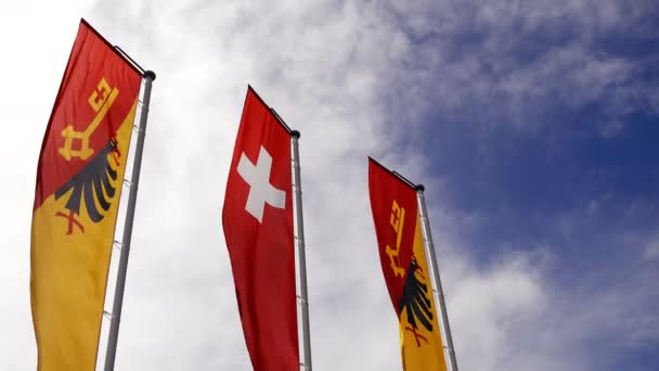 Swiss flags and bear flags Waving on air in Geneva — Stock Video