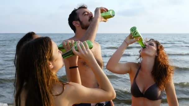 Groep lachende vrienden clinks flessen met een biertje drinken op het strand — Stockvideo