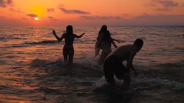 Silueta de amigos disfrutando de las vacaciones de verano en el mar al atardecer — Vídeos de Stock