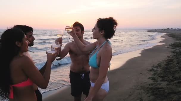 Mutlu arkadaş deniz kenarında günbatımında kızartma — Stok video