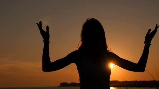 Liberdade de verão: silhueta de mulher dançando durante o pôr do sol na praia — Vídeo de Stock