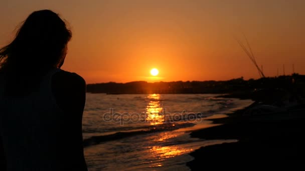 Silhueta de mulher solitária andando na praia ao pôr-do-sol. Movimento lento — Vídeo de Stock