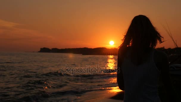 Silhueta de mulher ao pôr-do-sol andando sozinha na praia - câmera lenta — Vídeo de Stock