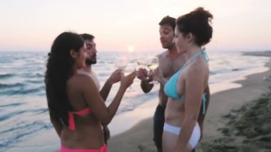 Yaz tost: 4 arkadaşlar keyfini yerine sahilde günbatımı-sabit cam, neşeyle