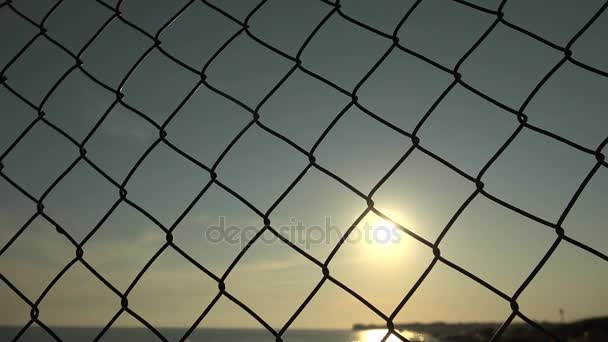 Silhouette of desperate woman imprisoned behind a net — Stock Video