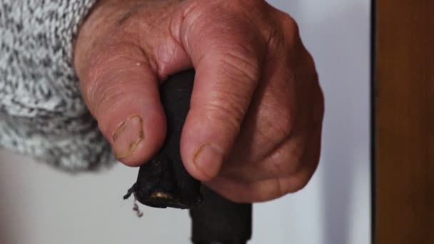 Hand av äldre man kramade sin käpp — Stockvideo