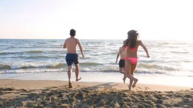 dört arkadaş denizde kaygısız çalıştırın: yaz, özgürlük, mutluluk