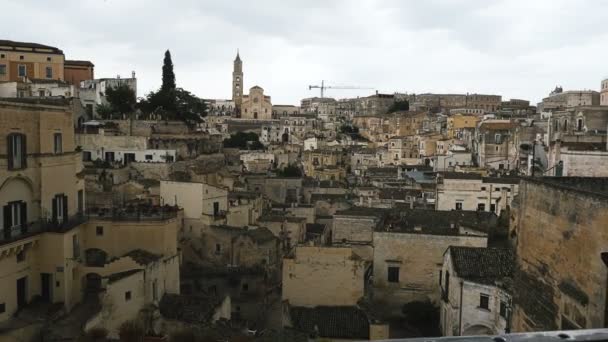 Hermosa vista panorámica de Matera, Capital de la Cultura 2019- cámara constante — Vídeo de stock