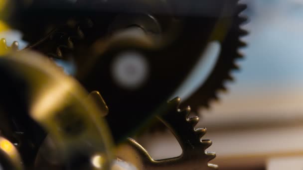 Dentro de un mecanismo de reloj: Ruedas rodantes macro — Vídeo de stock