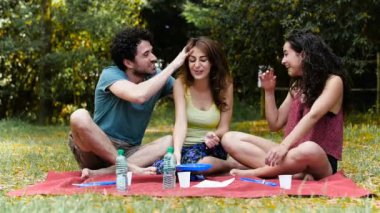 Mutlu arkadaş gülmek ve şaka bir piknikte park - ağır çekim sırasında