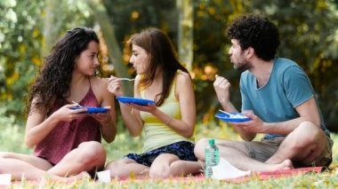 Arkadaşlar arasında parkta mutlu piknik: gıda, kahkaha rahatla